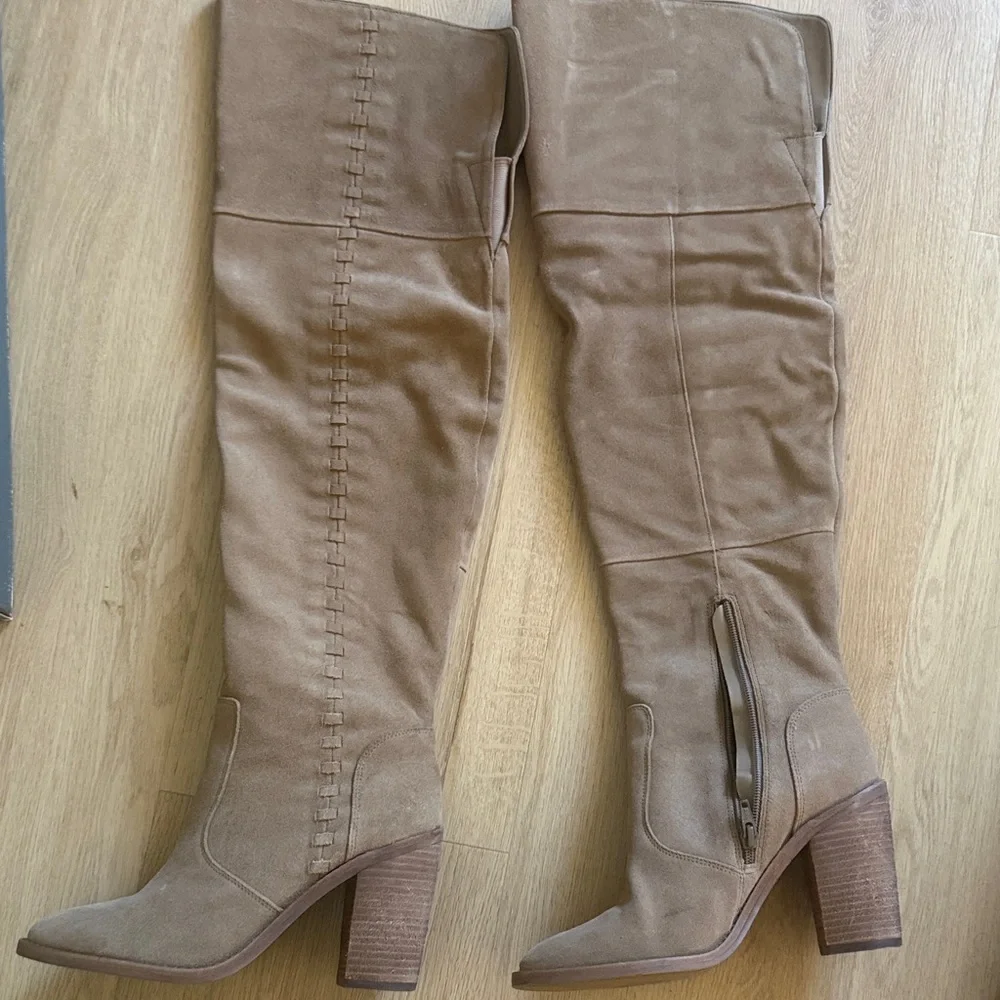 Vince Camuto Taupe Suede Over-the-Knee Block Heel Boots